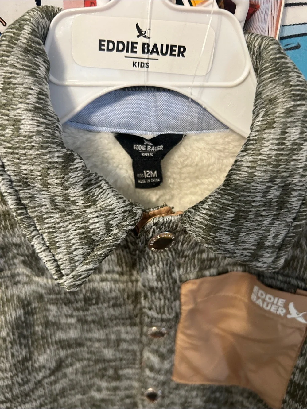 Eddie Bauer Gray Knit Sherpa-Lined Jacket with Tan Pocket